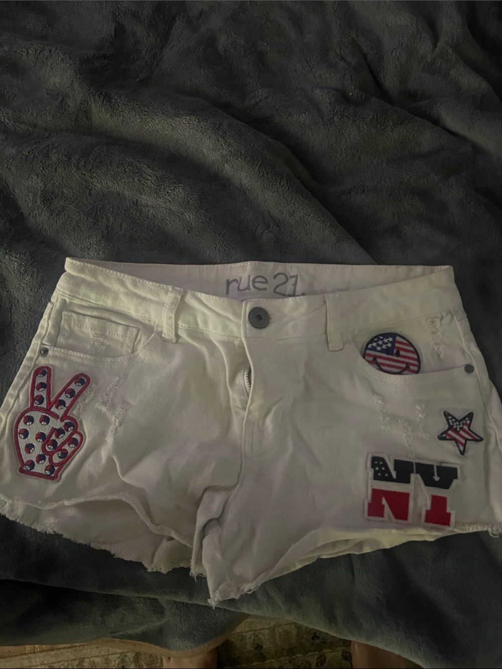 Rue21 White Denim Shorts with Patriotic Patch Accents